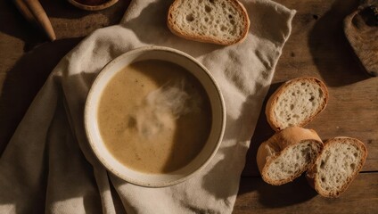 Creamy soup in a bowl, served with bread slices on a wooden table