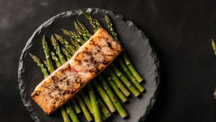 Grilled salmon fillet with asparagus on dark slate plate