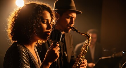 Female Singer and Male Saxophonist Performing Jazz Music on Stage with Dramatic Lighting