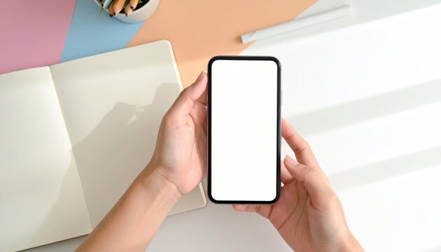 Minimal phone mockup with blank screen held above colorful workspace. Includes open notebook and pencils in soft daylight. Perfect for mobile UI or app previews.