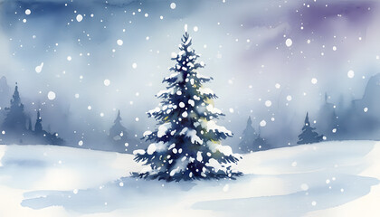 Snowy pine tree standing alone in a winter forest landscape