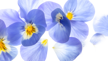 Close-up macro view of delicate blue and purple pansy flowers with yellow centers against a white background, showcasing intricate petal details
