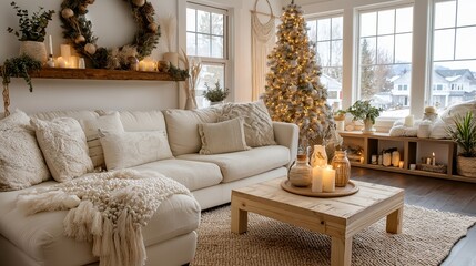 Fototapeta premium Christmas interior with a decorated tree, candles and neutral living room furniture creating a warm seasonal home setting. Holiday home decor with natural textures and modern styling shown