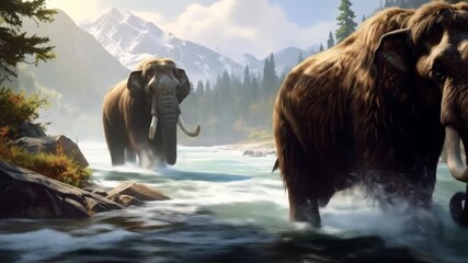 Majestic woolly mammoths traverse a glacial river, serene landscape with ancient behemoths