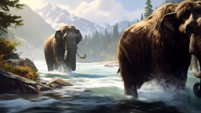 Majestic woolly mammoths traverse a glacial river, serene landscape with ancient behemoths
