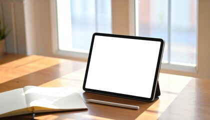 Fototapeta premium Modern tablet with blank screen on stand, paired with stylus and open notebook. Sunlight streaming through windows adds a bright, creative workspace vibe.