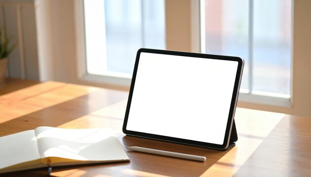 Modern tablet with blank screen on stand, paired with stylus and open notebook. Sunlight streaming through windows adds a bright, creative workspace vibe.