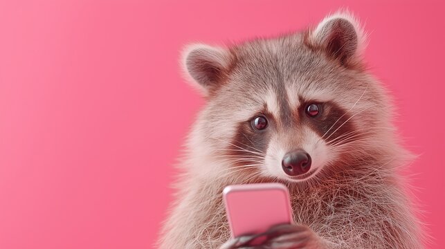 Funny raccoon holding a smartphone for digital communication, humor marketing, and social media concepts. A white European creator presents expressive animal content designed for playful online