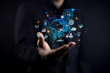 Futuristic AI business concept showing a digital globe floating above a hand, symbolizing innovation, global data intelligence, smart analytics, technology growth, and modern digital transformation.