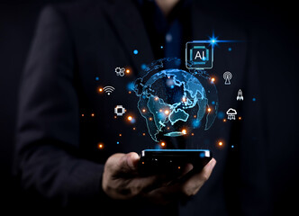 Futuristic AI technology concept showing a digital globe emerging from a smartphone, symbolizing innovation global connectivity, data intelligence smart solutions, and advanced digital transformation.