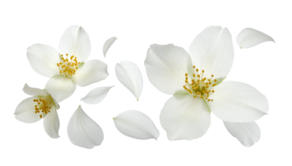 Delicate White Jasmine Flowers and Petals Isolated on White Background