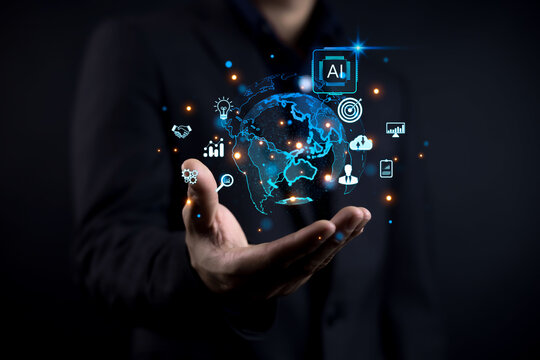 Futuristic AI business concept showing a digital globe floating above a hand, symbolizing innovation, global data intelligence, smart analytics, technology growth, and modern digital transformation. - Powered by Adobe