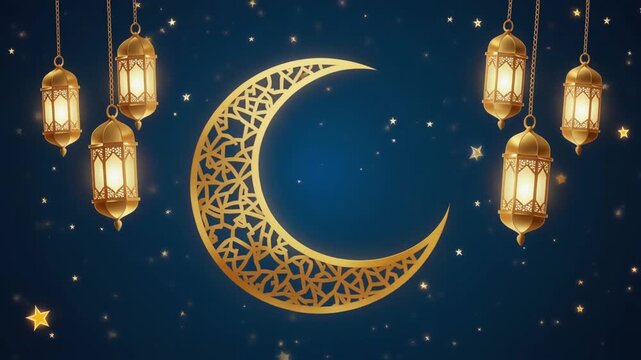 Beautiful golden crescent moon with hanging lanterns on a dark blue night sky filled with stars, creating an elegant Islamic festive theme perfect for Ramadan, Eid, and celebration video backgrounds. - Powered by Adobe