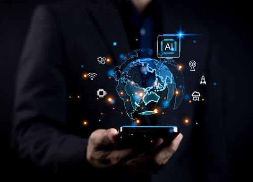 Futuristic AI technology concept showing a digital globe emerging from a smartphone, symbolizing innovation global connectivity, data intelligence smart solutions, and advanced digital transformation.