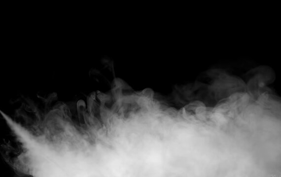 White dust or fog cloud on black background, realistic smoke or vapor texture for overlay design, abstract motion effect for cinematic visuals and atmospheric compositions.