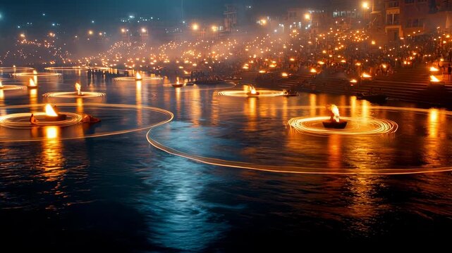 Spiritual Ganges River Aarti Ceremony A Captivating Night Scene of Floating Lamps in Varanasi, India