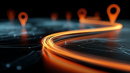 Close up of location pin with glowing orange lines forming a path and network. Concept for navigation application, logistics solutions and route optimization
