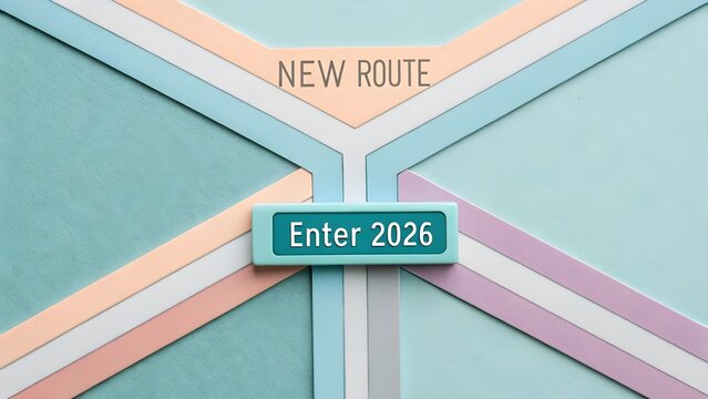 A crossroads concept with intersecting pastel panels and the year 2026