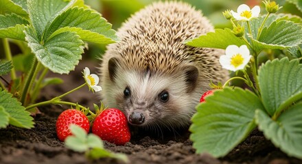 A charming hedgehog forages for ripe strawberries in a lush garden, surrounded by vibrant green leaves and delicate white blossoms on rich soil.