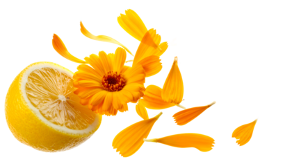 Fresh lemon and orange flower petals scattered, creating a vibrant and refreshing image of natural ingredients