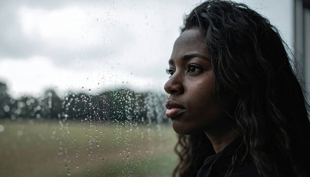 Thoughtful young woman looking out rainy window, contemplative mood with raindrops on glass reflecting emotion and solitude in quiet indoor moment on a cloudy day