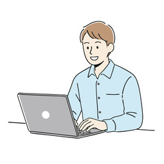 Young man smiling while working on laptop, casual shirt, sitting at desk, cheerful mood