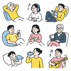 Relaxed elderly woman, young woman with headphones, man reading, people enjoying leisure