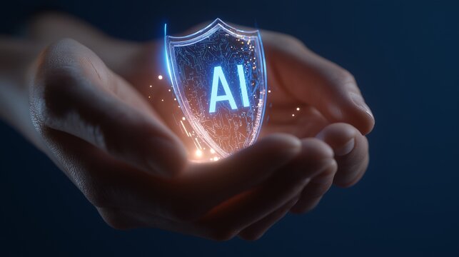 Hands holding an illuminated AI shield symbolize digital protection, cybersecurity, and modern technology solutions. Futuristic concept emphasizes safety, innovation and secure intelligent systems