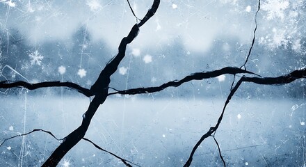 Cracked blue ice texture with frosted surface and snowflakes