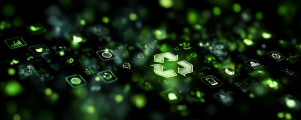 Glowing recycle symbol surrounded by green icons, concept for environmental protection, sustainable development and eco-friendly technology