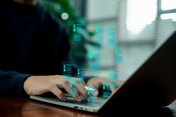 A person typing on a laptop with floating digital resume icons, representing online recruitment, HR technology, data management, and modern hiring processes in a digitally connected workplace.