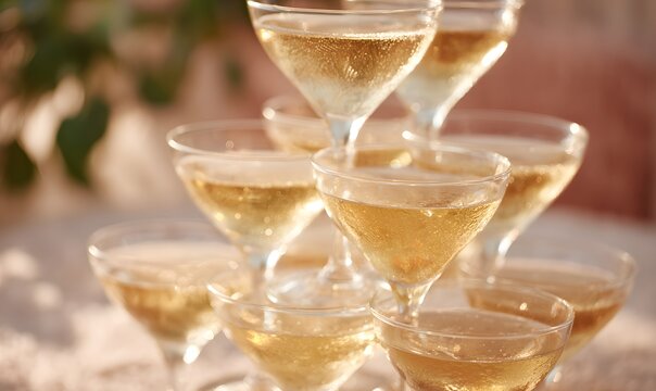 Champagne glasses arranged in a pyramid, golden reflections