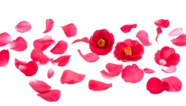 Delicate Red Camellias and Petals on a White Background A Floral Composition