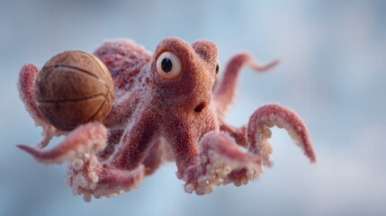 Cute Octopus Holds Basketball in Vibrant Kids Sports Promo Under a Large Energetic Blank Sky