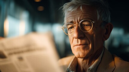 Close-up of an older male CEO reading a newspaper with focused expression. Concept for financial news, business intelligence and corporate leadership