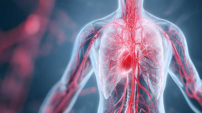 Transparent 3D torso illustration of human vascular system with detailed artery and vein network surrounding chest organ structure in clinical medical anatomy theme. Medical concept