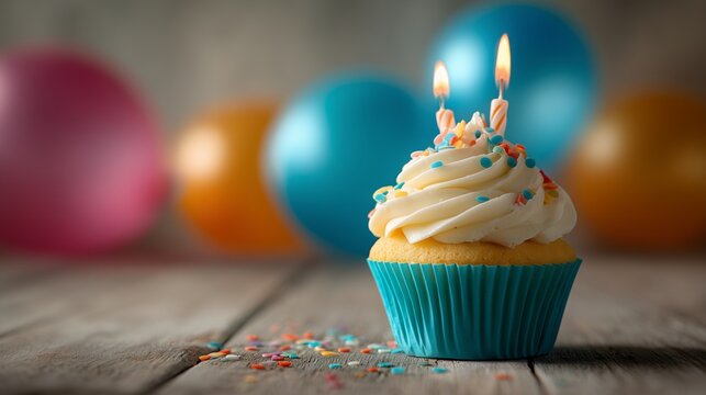 Delicious birthday cupcake with vanilla frosting and two burning candles on rustic wood table. Concept for birthday party, celebration dessert and anniversary treat