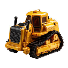 Fototapeta premium Yellow toy bulldozer with black treads on dark background