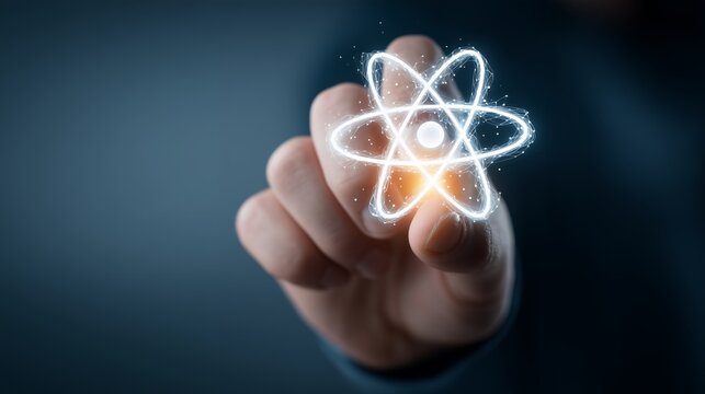 Hand of a scientist holding a digital atom model with blue background, concept for science education, futuristic technology and scientific research