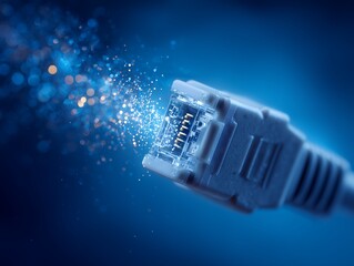 Close-up of an RJ45 connector with data streams around it on blue background. Concept for network infrastructure, telecommunications and data transmission
