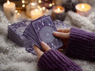Woman's hands holding purple tarot cards on fur with candle light and glitter. Concept for divination, magic ritual and mystical predictions