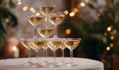 Champagne glasses arranged in a pyramid, golden reflections