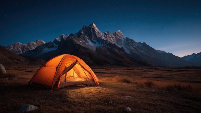 Orange tent glowing under starlit sky with majestic mountains in the background at dusk
