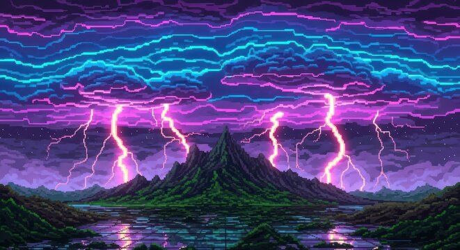 Pixelated stormscape a retro digital scene with vibrant lightning over mountains