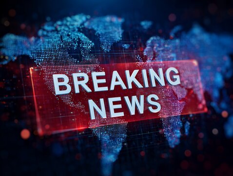 Close up shot on Breaking News text over world map background with blue and red color. concept for media broadcast, global communication and announcement