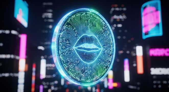 Digital innovation representing speech recognition technology with city background