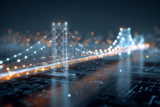 Abstract digital illustration of a glowing wireframe bridge over a circuit board. Concept for future technology, modern infrastructure and data transmission