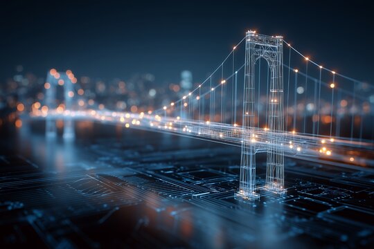 Abstract digital wireframe bridge over circuit board with city lights background. concept for engineering innovation, infrastructure design and architectural technology