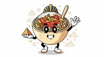 Cartoon Koshary bowl character dressed as an Egyptian pharaoh.