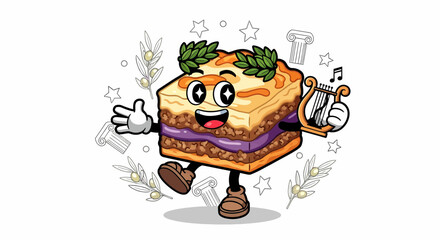 Cartoon Moussaka Character Playing Lyre with Laurel Wreath.